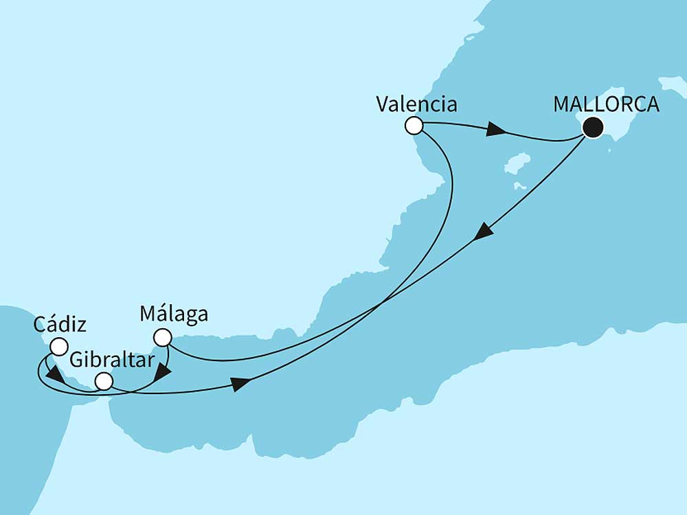 Mein Schiff 2 Angebot der Woche Westliches Mittelmeer mit Malaga I - Routenbild